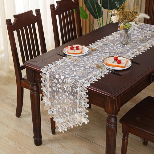 Lace Table Runner Floral Embroidery Fabric Rustic Table Runners Elegant Chic Table Transparent Cover for Home Dining Room Tabletop Decor Wedding Party Dresser (Champagne&White, 16 x 87 Inch)