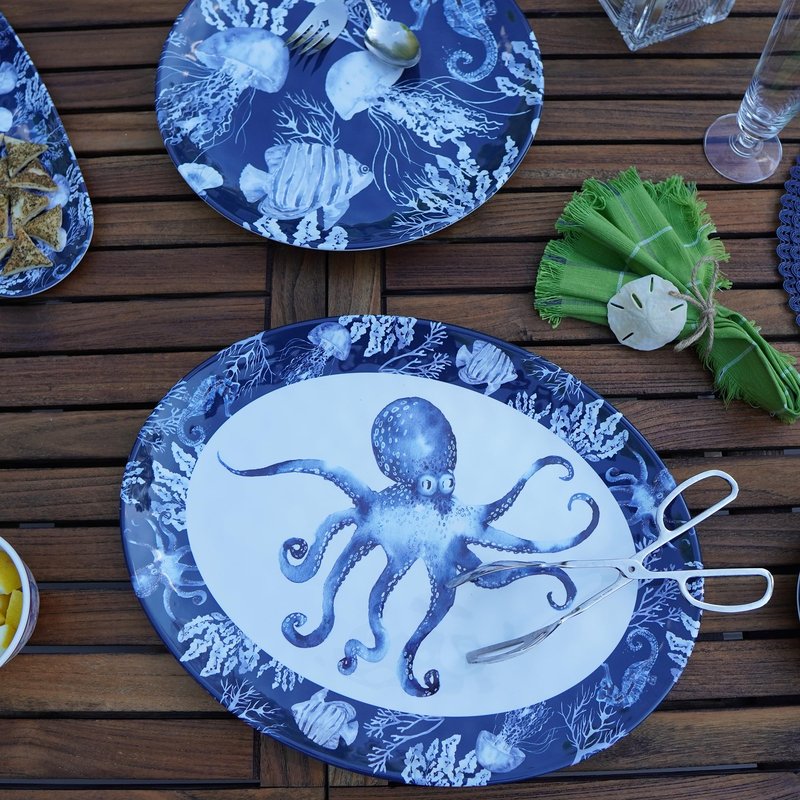 Sea Life Melamine 2-Piece Platter Set – Coastal Nautical Oval and Round Serving Trays with Octopus & Ocean Creatures, Break-Resistant Beach House Tableware, Dishwasher Safe, Indoor/Outdoor Use