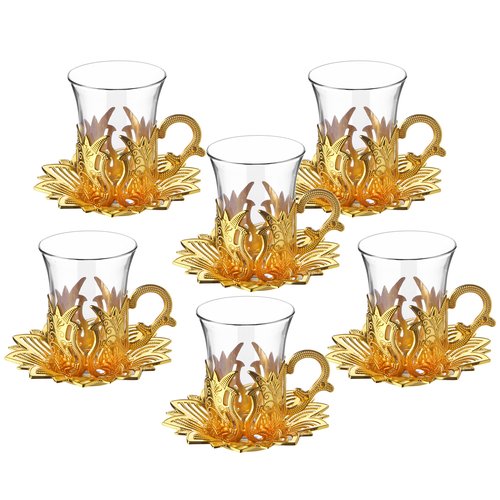 Alisveristime Turkish Tea Set for Six, Zamac Holders with Glass Cups, and Zamac Saucers - 6-Piece Elegant Serving Set (Ahsen) (Gold)