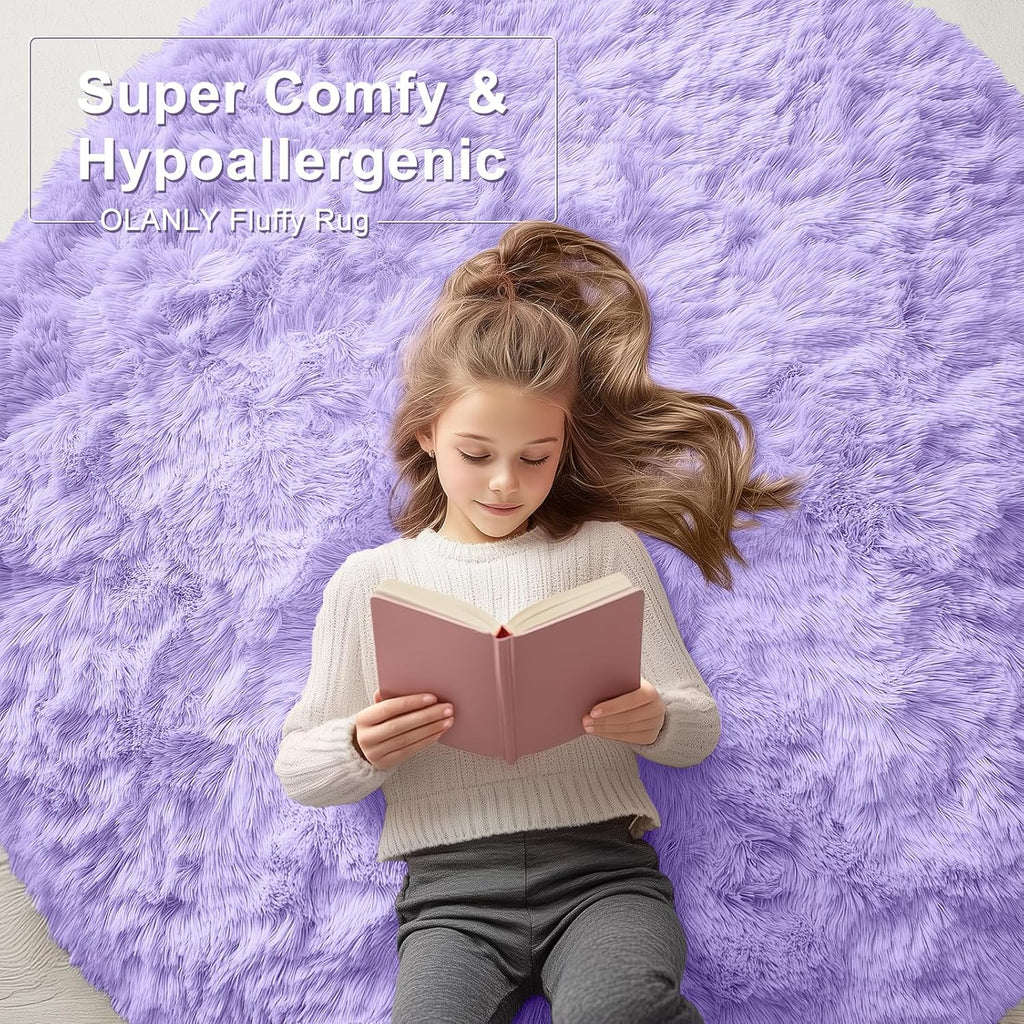 OLANLY Round Light Purple Area Rug - Soft, Fluffy, Machine Washable 6 ft Circle Carpet for Bedrooms & Nurseries