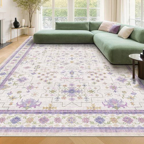 Lavender Floral Area Rug by [Brand Name] - Large 8x10 Size, Non-Slip, Stain-Resistant & Washable Carpet