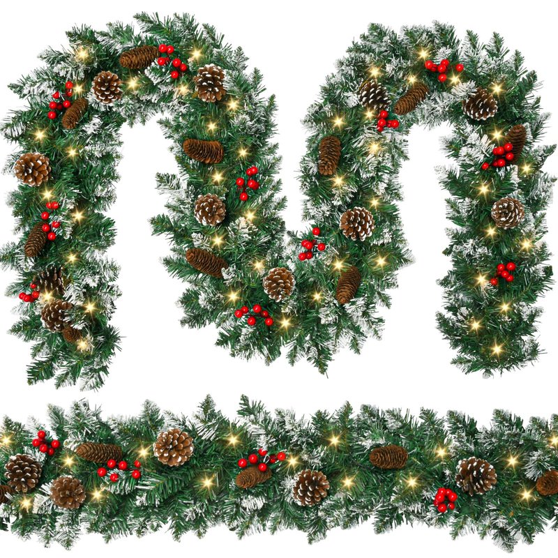 Christmas Garland with Lights,6FT Prelit Christmas Garland Battery Operated Xmas Garland with Christmas Blue Balls,Pine Cones and Pine Needles for Mantle Fireplace Staircase Porch Decor
