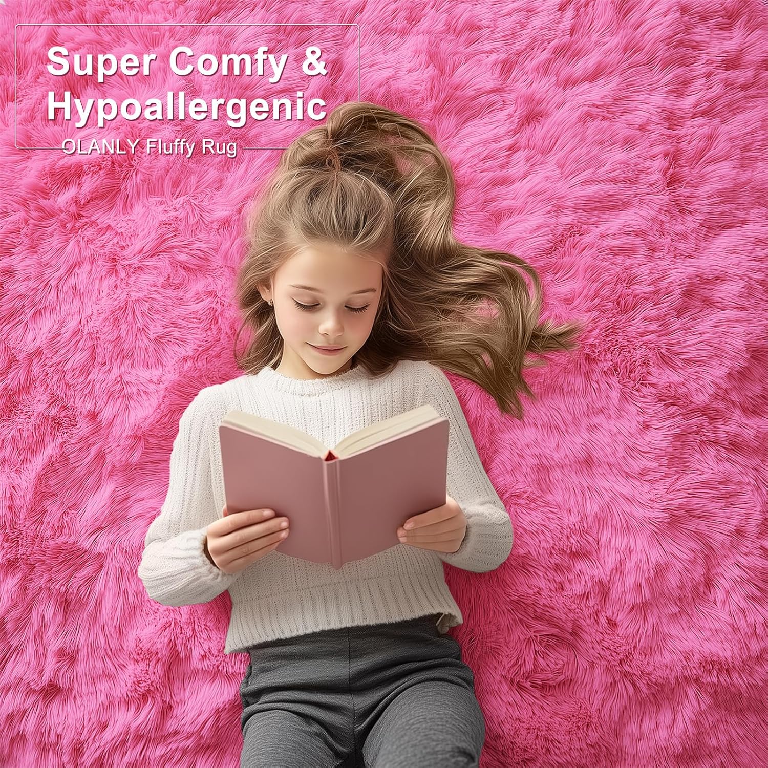 OLANLY Area Rug - Soft Fluffy Shaggy Carpet for Living Room & Bedroom | Machine Washable 4x5.9 ft - Hot Pink
