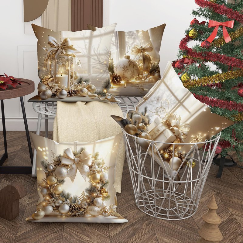 Winter Christmas Pillow Covers Set of 4, Elegant Luxury White Gold Balls Ornament Wreath Throw Pillows Case, Cozy Gift Box Festive Decorative Square Home Sofa Bed Couch Accents Covers 18x18 Inch
