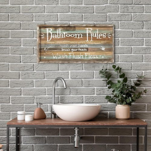 Framed Bathroom Wall Art - Rustic Bath Rules Sign | Funny Toilet Saying Decor for Home