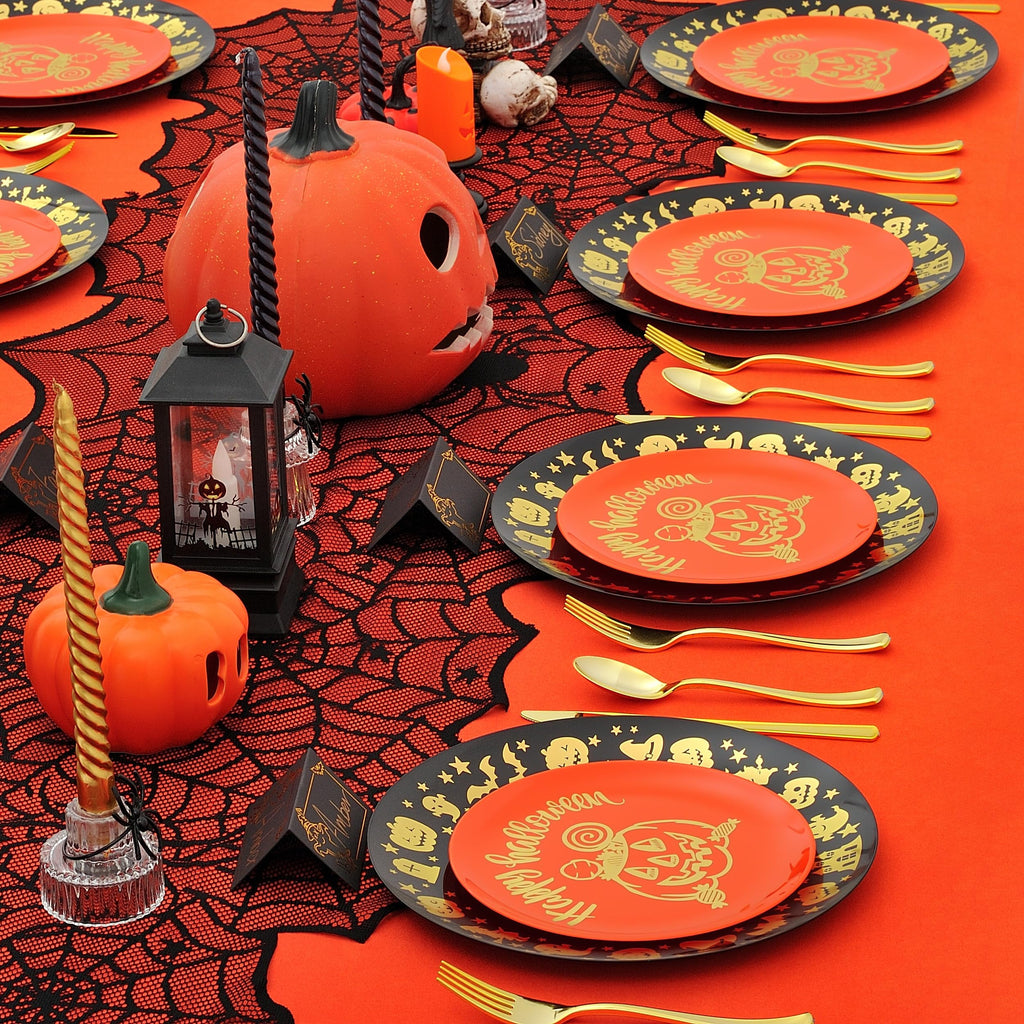 ISFANGCO 175Pcs Halloween Plastic Spoof Dinnerware Set for 25 Guests, 25 Black Plastic Dinner Plates, 25 Pumpkin Orange Dessert Plates, 25 Gold Boo Black Cups, 25 Gold Silverware Set and Cards