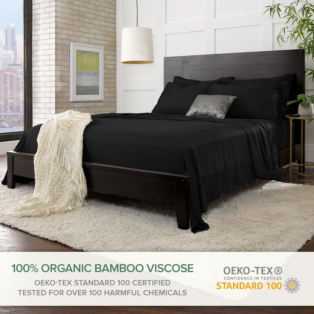 Pure Bamboo Full Bed Sheet Set - 100% Organic Viscose, Luxuriously Soft & Cooling | Black, Double Stitching