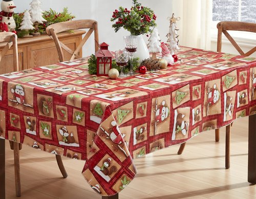 Newbridge Holiday Forest Friends Red & Tan Christmas Vinyl Tablecloth with Flannel Backing – 52 x 70 Inch Rectangle – Cute Woodland Animals, Fox, Owl, Bear & Tree Print Table Cover