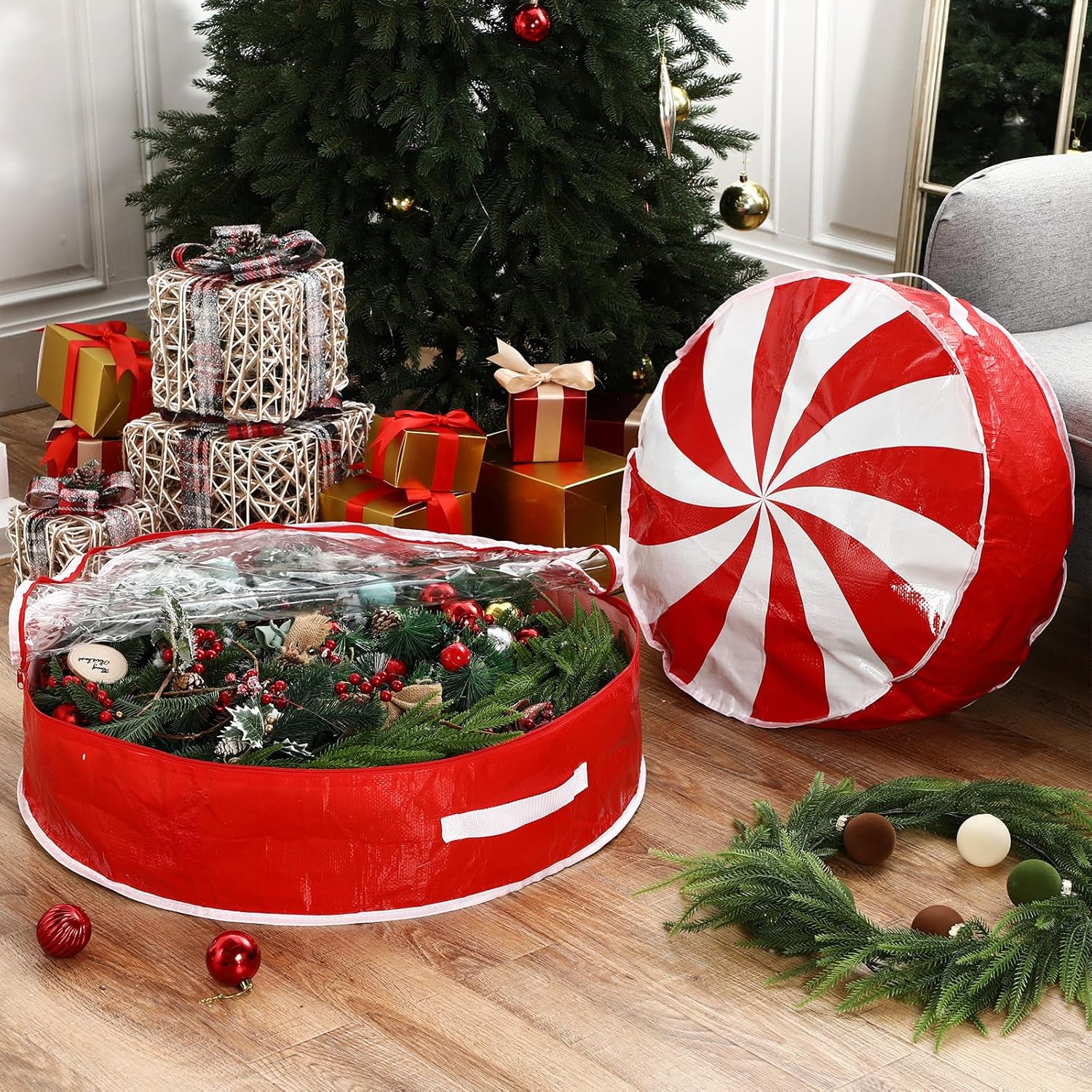 Regine Switzerland Christmas Wreath Storage Bag - 30 Inch Clear Window Design with Dual Zipper Handle | Red & White Peppermint Candy Cane Organizer