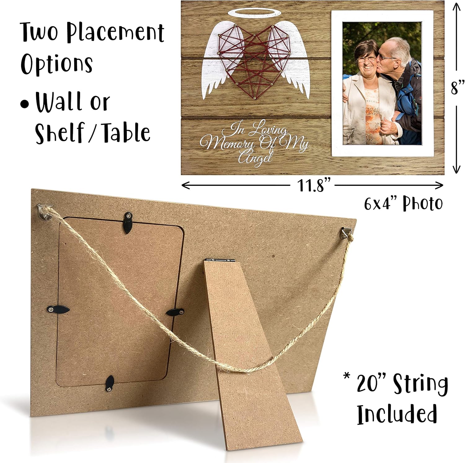 OakiWay Memorial Gifts - Heart-Shaped Guardian Angel Wood Picture Frame | 4x6 Sympathy Gift for Loved Ones