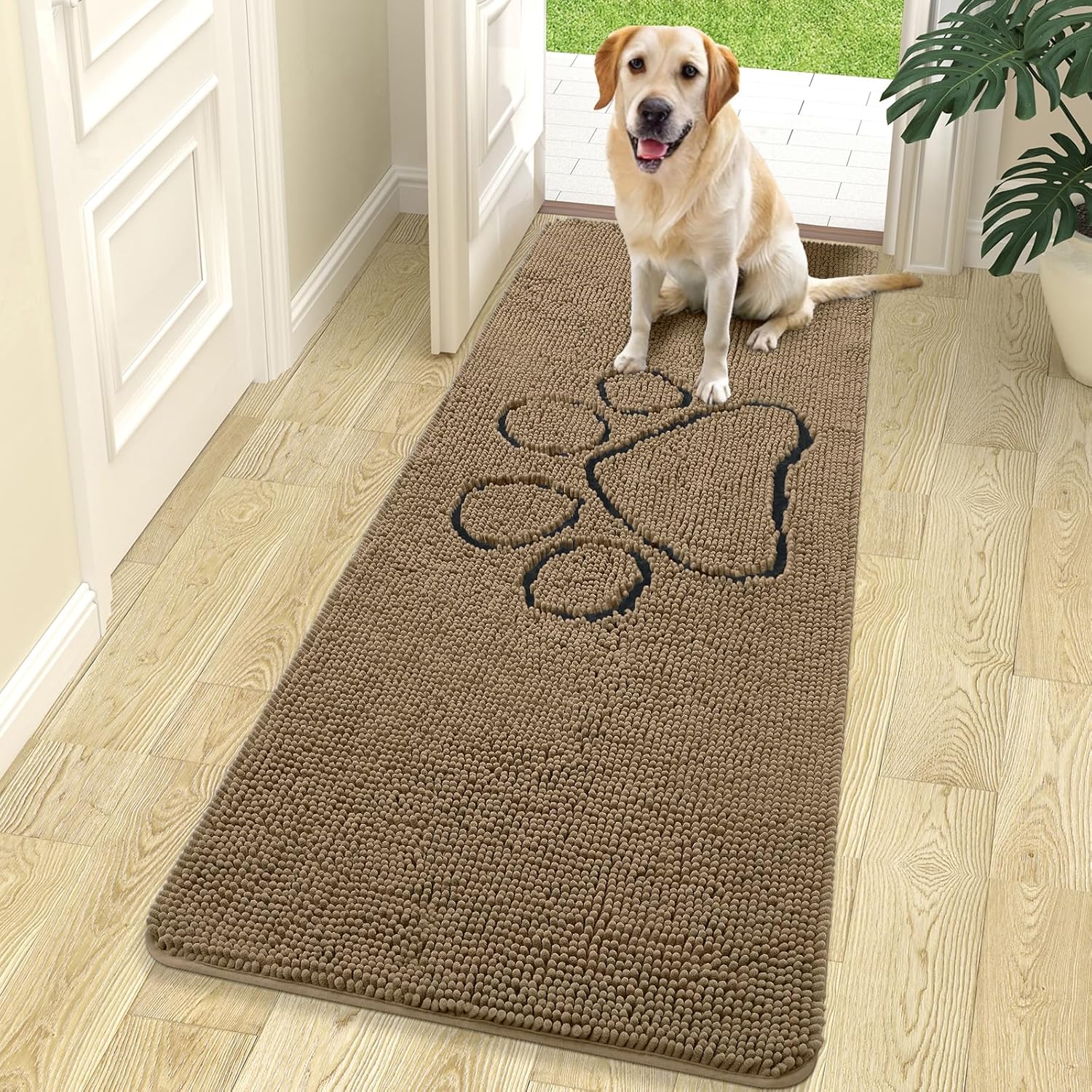OLANLY Dog Door Mat - Absorbent Non-Slip Muddy Paws Mat | 70x24 Paw Print Design in Tan