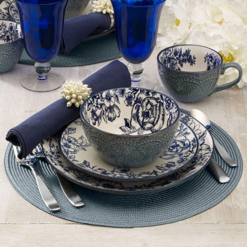 Pfaltzgraff Gabriela Blue 16-Piece Dinnerware Set, Service for 4, Durable Stoneware Plates, Bowls, and Mugs with Elegant Blue Pattern, Dishwasher Safe