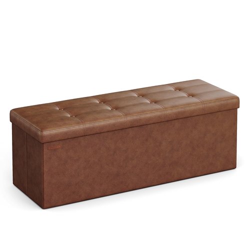 SONGMICS Mazie Collection - 43 Inches Folding Storage Ottoman Bench, Ottoman with Storage, Foot Rest Stool, Load 660 lb, Living Room, Bedroom, Entryway, Synthetic Leather, Coffee Brown ULSF070K01