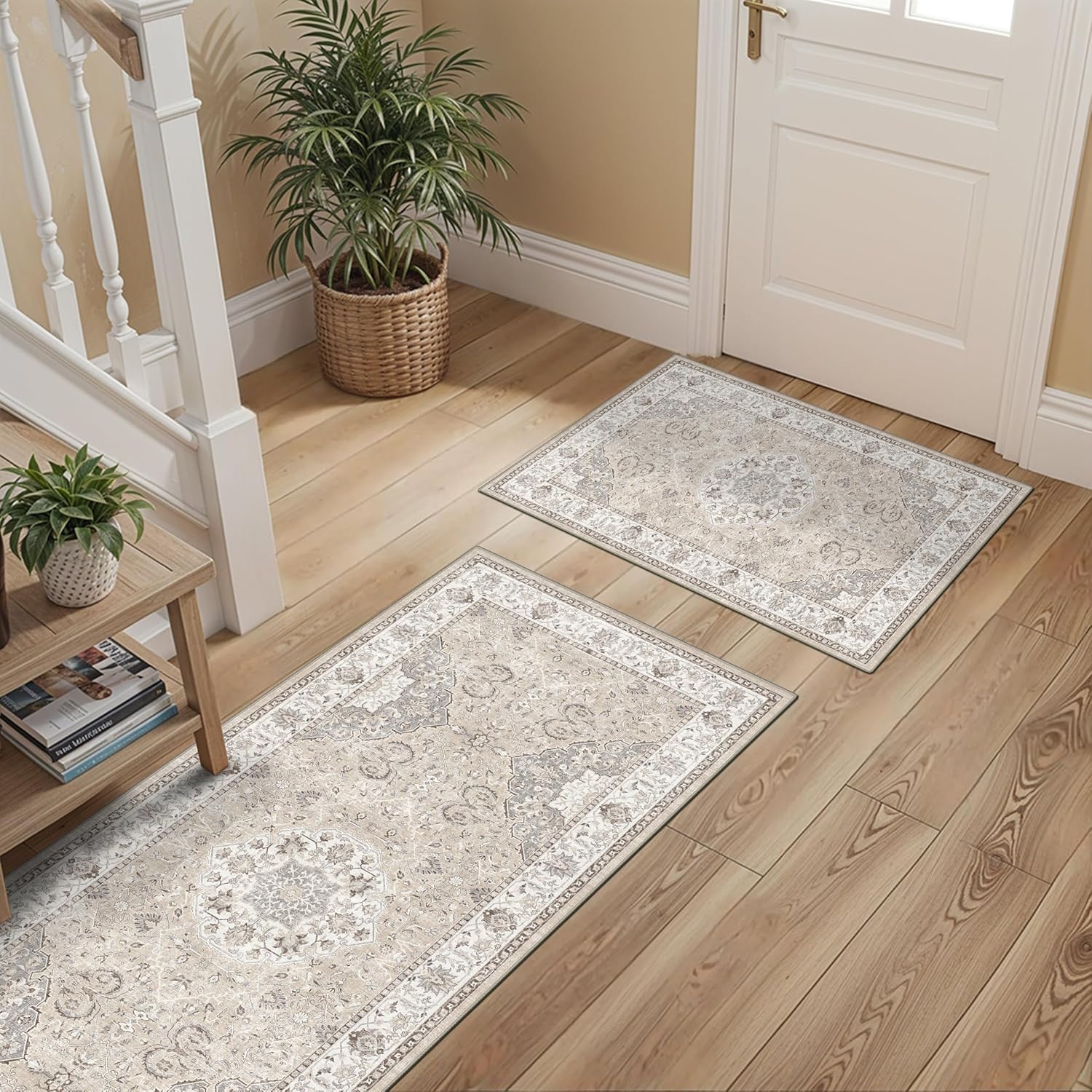 Skiennix Kitchen Runner Rug Set - Washable Non-Slip Floor Mats for Sink & Stove | Soft Low Pile, Water-Resistant, Beige (2x3 + 2x4)