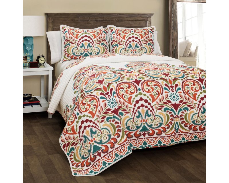 Lush Decor Clara Quilt 3 Piece Reversible Bedding Set, King, Turquiose & Tangerine