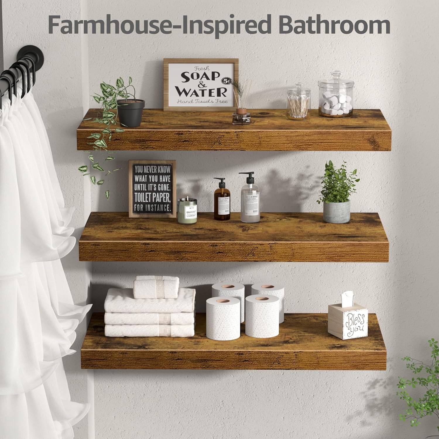 QEEIG 10" Deep Floating Shelves - Rustic Brown Wall-Mounted Bookshelf Set of 3 for Bathroom & Living Room