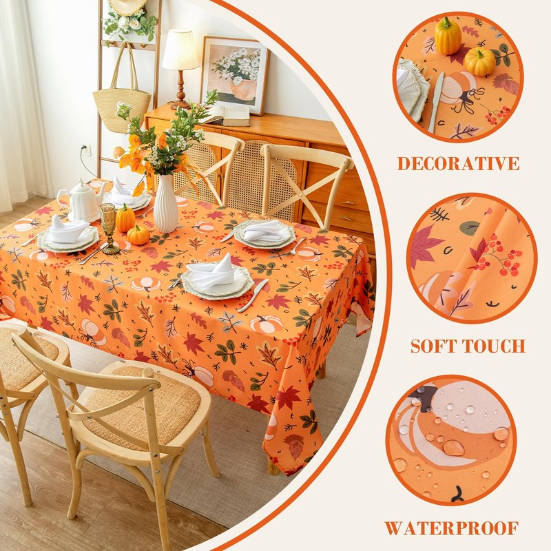 LOSIVISHE Thanksgiving Waterproof Tablecloth – Fall Harvest Pumpkins, Maple Leaves & Berries Print – Autumn Rectangle Table Cover for Dining or Party, Brown, W60 x L120 in