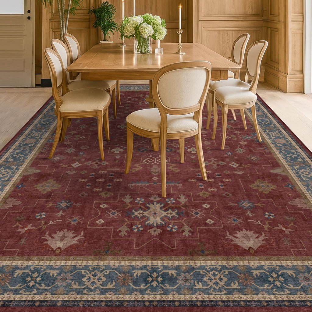 Regine Switzerland Vintage Burgundy 7x9 Dining Room Rug - Lightweight, Washable Boho Carpet for Aesthetic Living Spaces