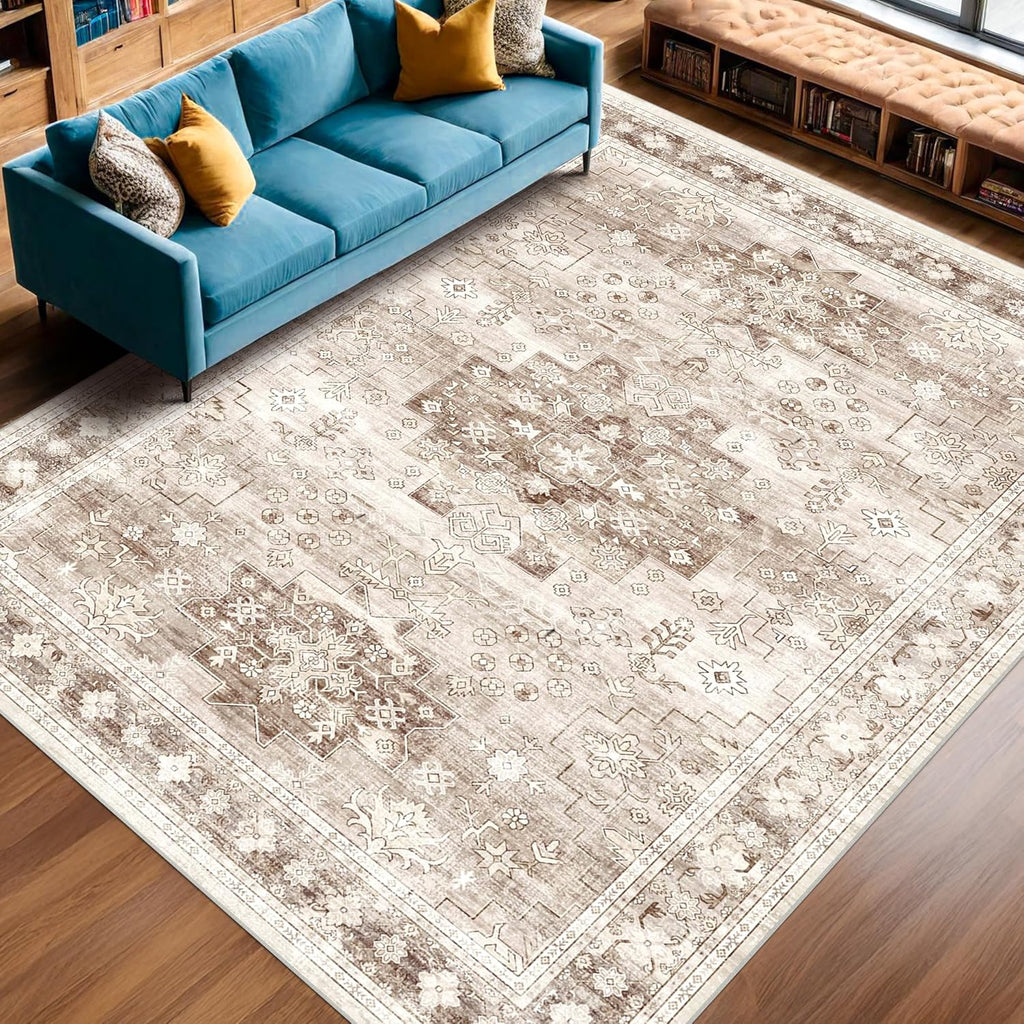 Regine Switzerland Washable Farmhouse Living Room Rug - 6x9 Non-Slip Vintage Floral Carpet in Beige/Latte