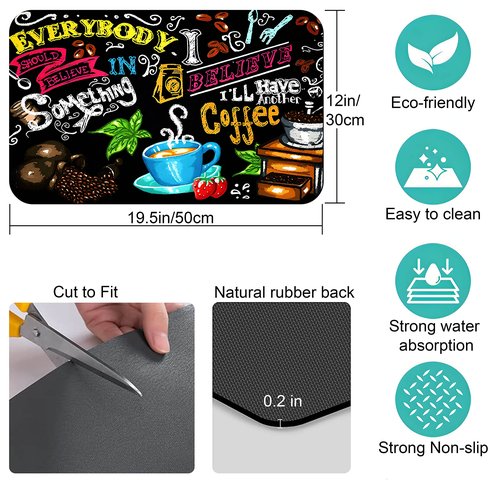 Safarsa Coffee Bar mat Accessories for Countertop Absorbent Hide Stain Rubber Backed Dish Drying Mats for Kitchen Counter Draining Pad Decor Gift(20x12in)