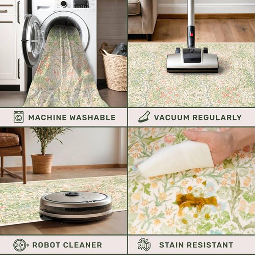 Hazo Haus Non-Slip Bathroom Runner Rug - Vintage Floral Design | Washable 24 x 72 Inch Mat in Beige Green
