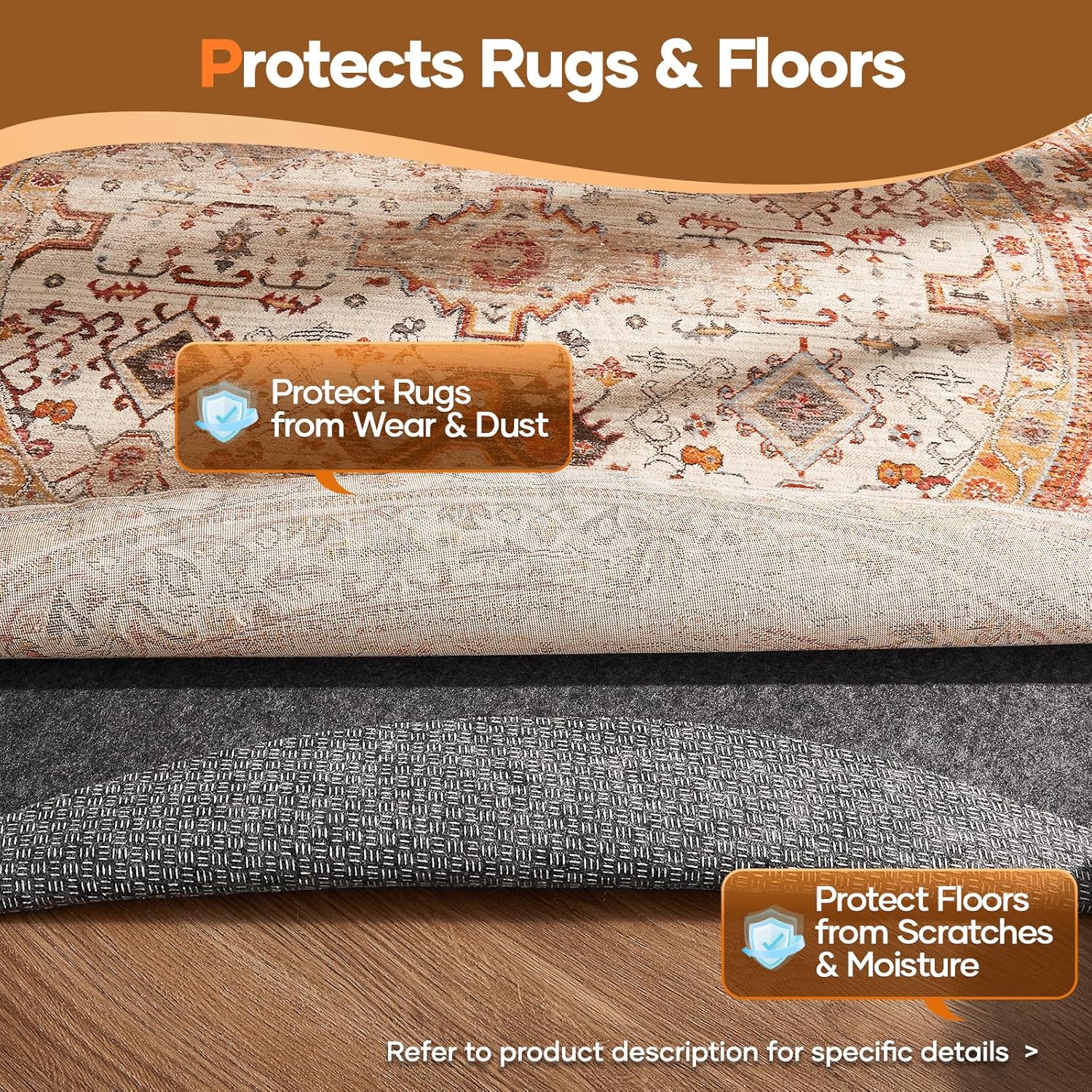 Veken 5 Ft Round Non-Slip Rug Pad - Cushioned Felt & Silicone Backing, 1/4 Inch Thick for Hardwood Floors