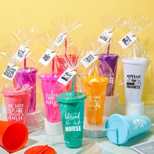 Funnymoom 30 Sets Nurse Appreciation Gifts Bulk, 24 oz Tumblers with Lids and Straws, Thank You Plastic Cups with Cards and Bags for Nurse Staff Holiday Party Favors(Elegant,Bright Colors)