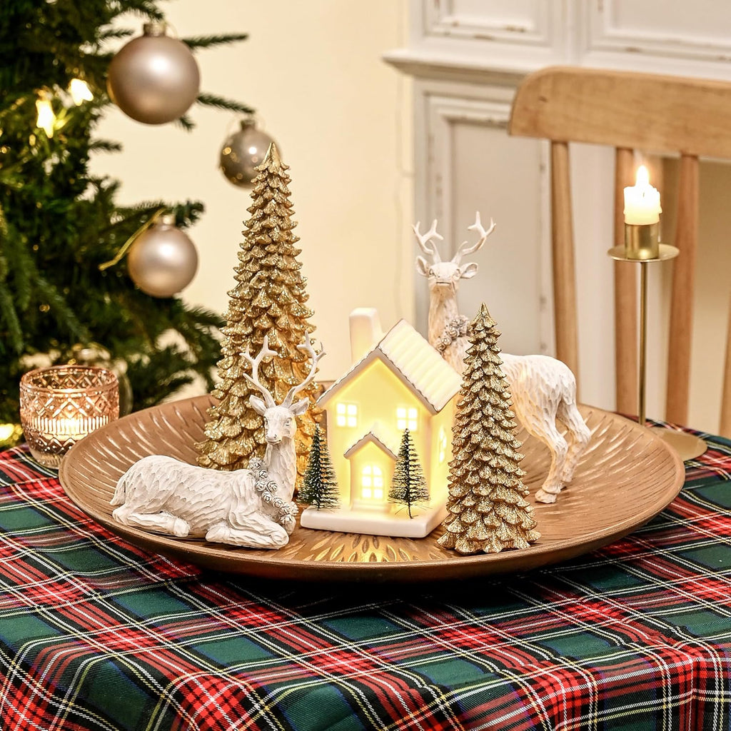 AOMOONOA Gold Christmas Tree Figurines - 2Pcs Resin Glitter Tabletop Decor | Small Xmas Trees for Home