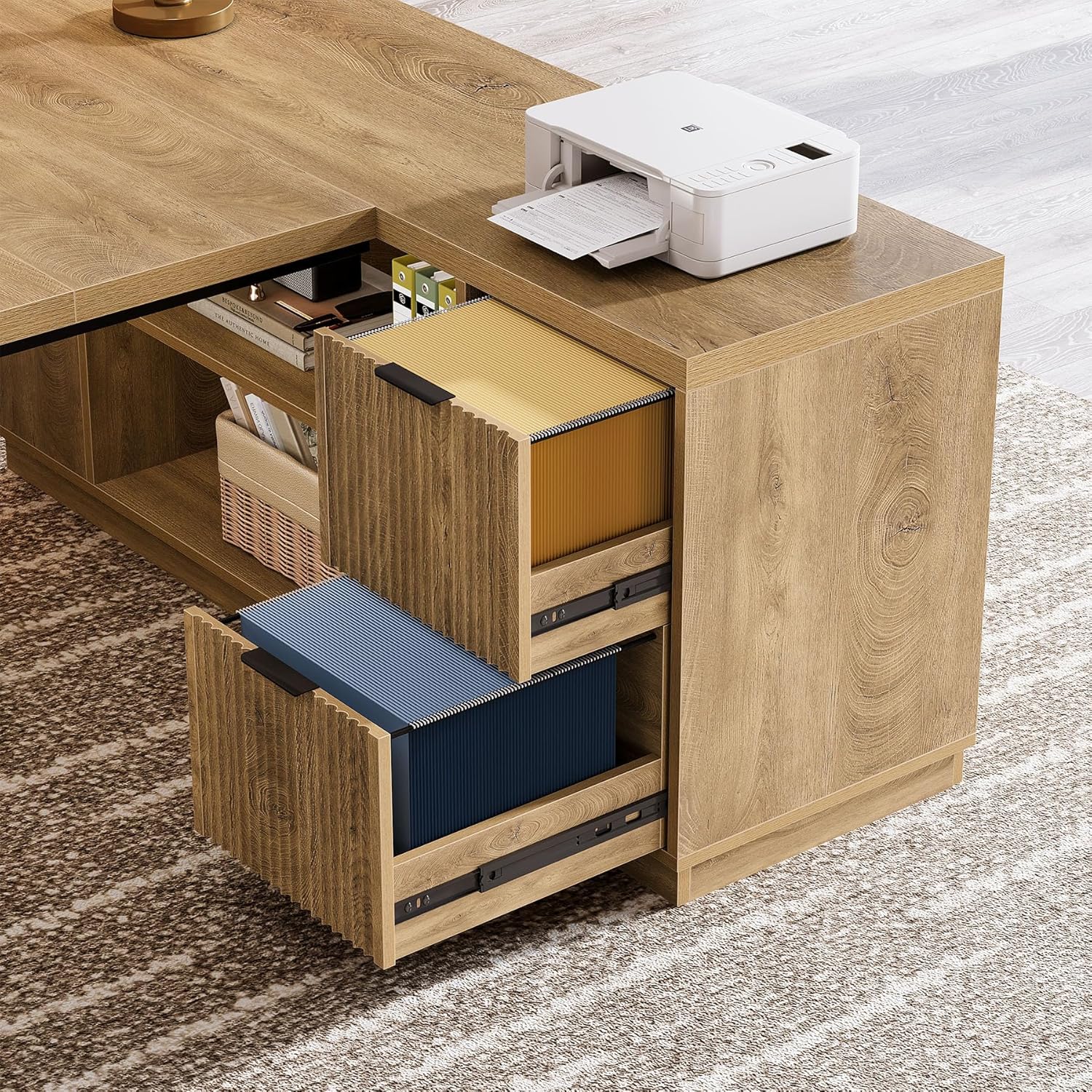 Tribesigns L Shaped Desk - Modern Executive Office Furniture with Drawers & File Cabinet | 78" Brown