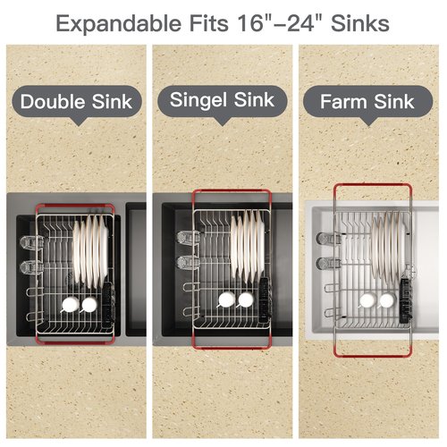 Over the Sink Expandable Dish Drainer Drying Rack In Stainless Steel for Small Kitchen, Counter Space Saving Modern Compact Metal Above Plate Dryer Strainer, Adjustable Hanging Inside Drain Holder