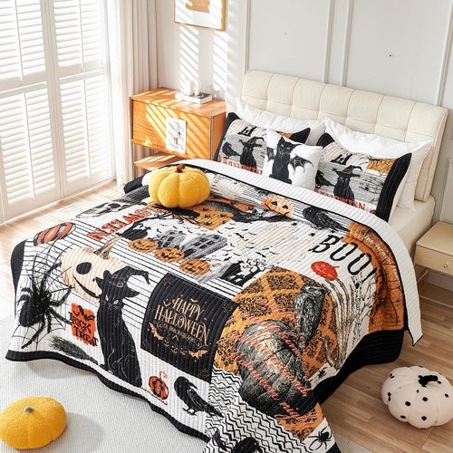 Cmfshape Halloween Quilt Set Bedspread Set,3 Piece Halloween Black Cat Pumpkin Spider Skull Themed Bedding Set King Size,Reversible Coverlet Set with 2 Pillow Shams (King 104"x90")