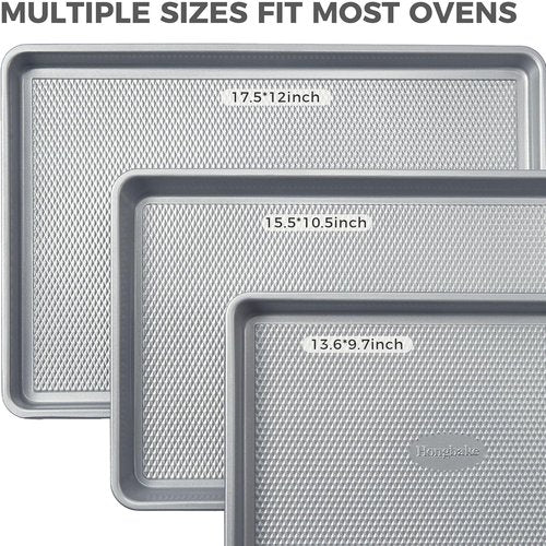 HONGBAKE Non-Toxic Baking Sheet Pan Set - Heavy-Duty Aluminized Steel | 3 Textured Nonstick Cookie Sheets