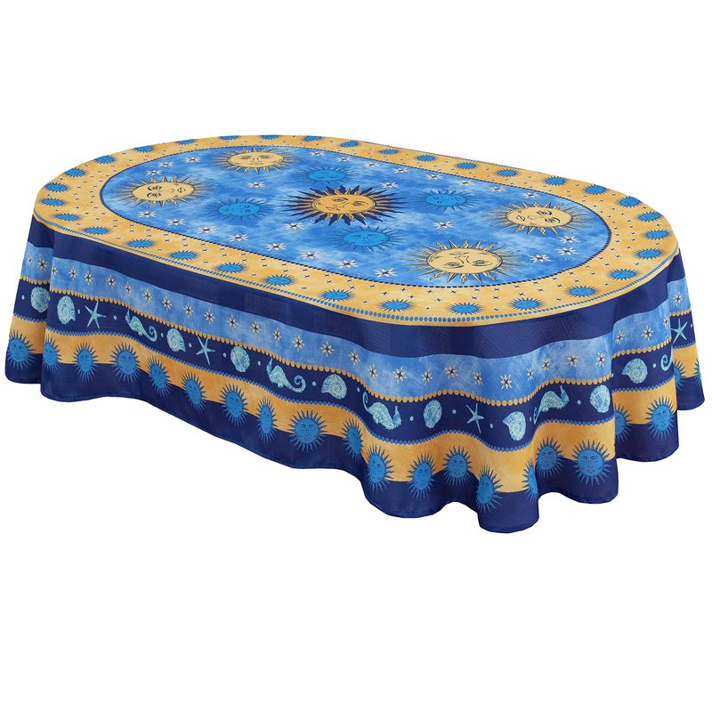 Home Bargains Plus 60 x 84 Inch Oval Blue Sun Mediterranean Fabric Tablecloth, Coastal Medallion Border Design, Wrinkle Water and Stain Resistant Indoor Outdoor Table Cover