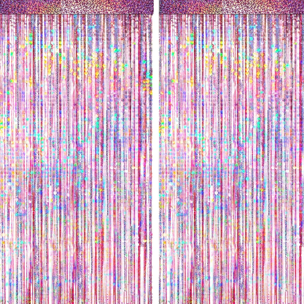 Pink Foil Fringe Curtain by [Brand Name] - 4 Pack Metallic Tinsel Backdrop for Birthday & Wedding Decor