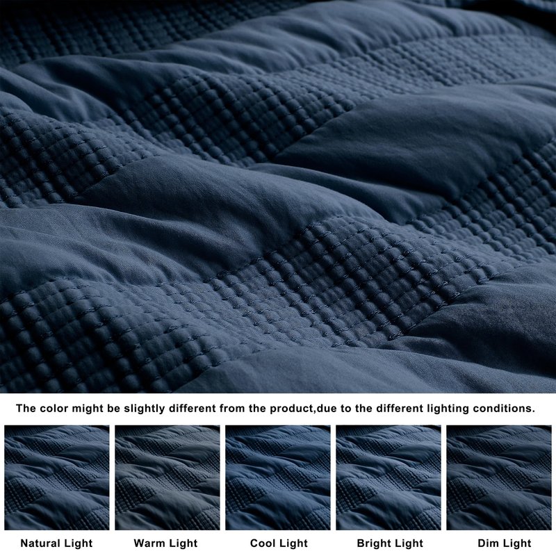 Navy Blue Striped Twin Size Quilt Set, Lightweight Pick Stitch Bedspread with 1 Sham, Soft Cloud Chambray Farmhouse Country Textured Coverlet Rustic Thin Comforter Spring Summer, 2-Piece Bedding Set