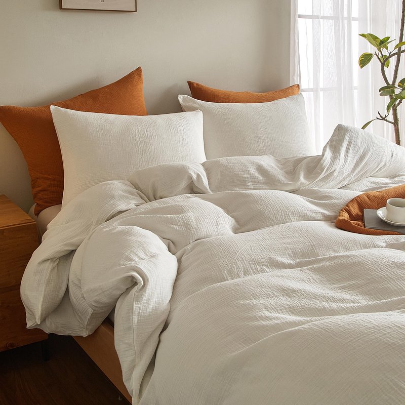 SE SOFTEXLY Muslin Duvet Cover Queen Size, 100% Washed Cotton Duvet Cover Set, Ultra Soft Comforter Cover Linen Like, 3 Pieces Minimalist Gauze Duvet Cover with 2 Pillowcases, 90"x90", White