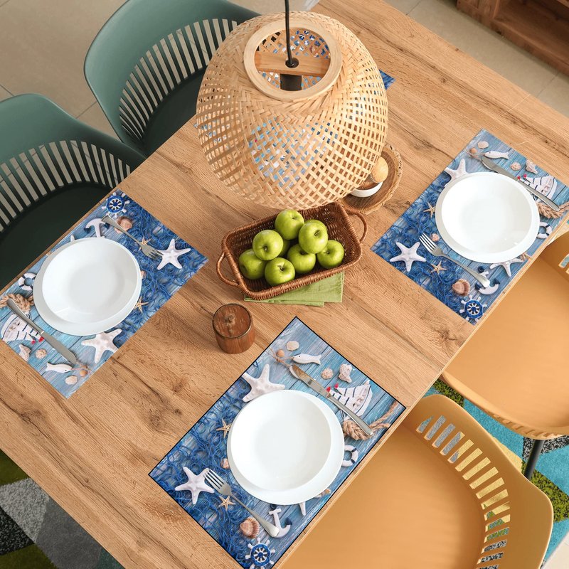 Blue Placemats Set of 8, Summer Nautical Theme Starfish Shell Fishnet Non Slip Heat Resistant Linen Fabric Cloth Place Mats, Washable Holiday Party Dining Table Mats for Coastal Home Kitchen Decor