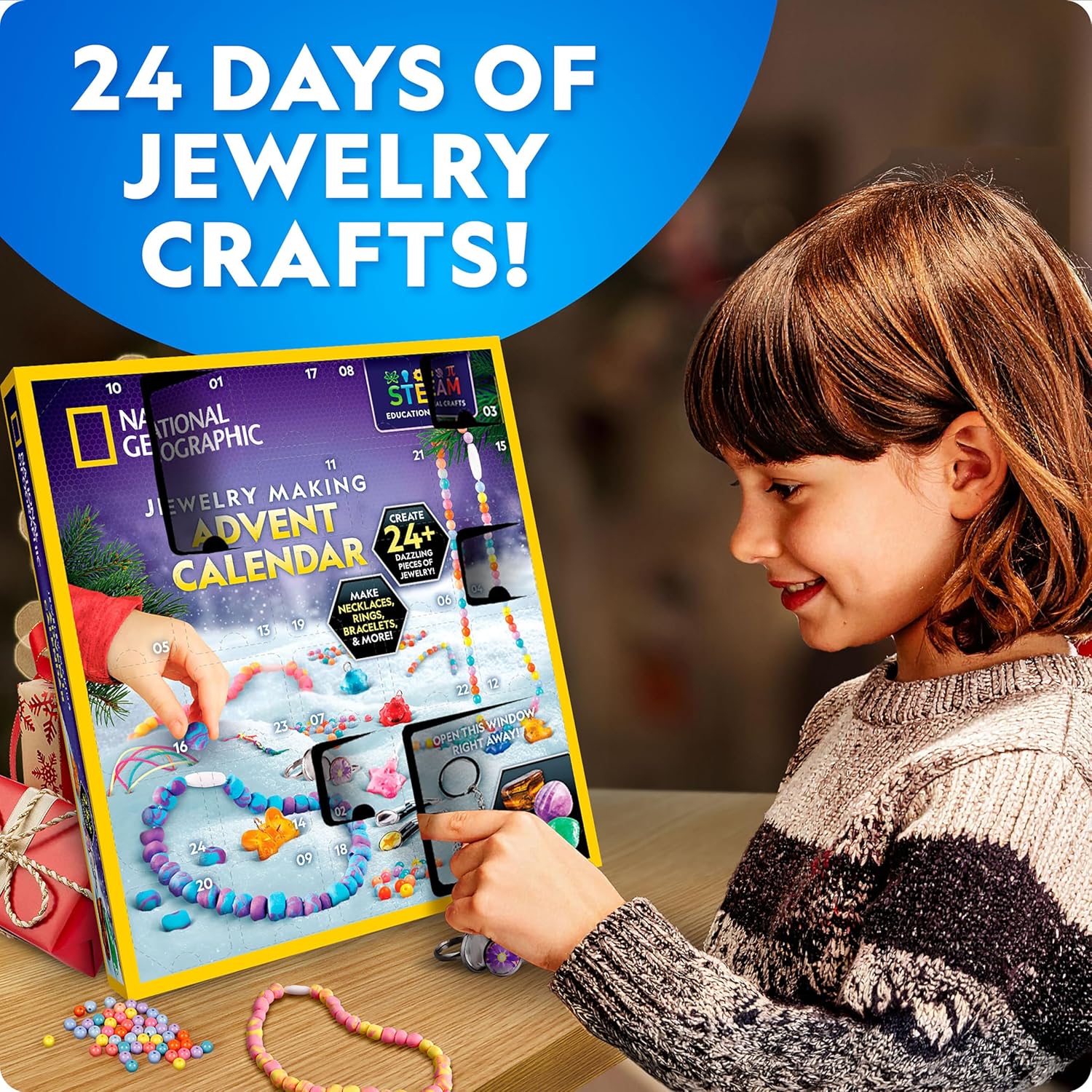 National Geographic 2026 Jewelry Making Advent Calendar - Create 24+ Unique Jewelry Pieces | Holiday Craft Kit for Kids