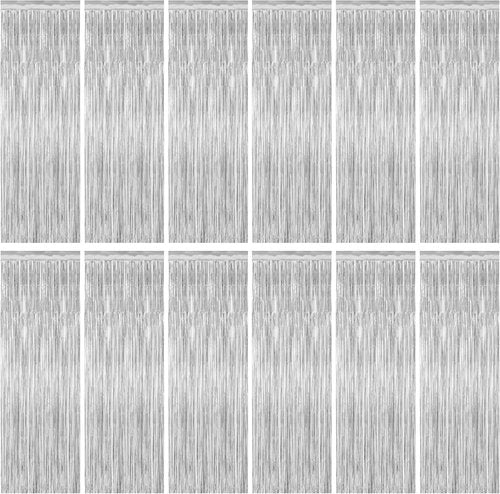 Metallic Silver Fringe Backdrop by Skiennix - 12 Pack Tinsel Curtains for Birthday & Disco Party Decor | 3.28 FT x 7.05 FT