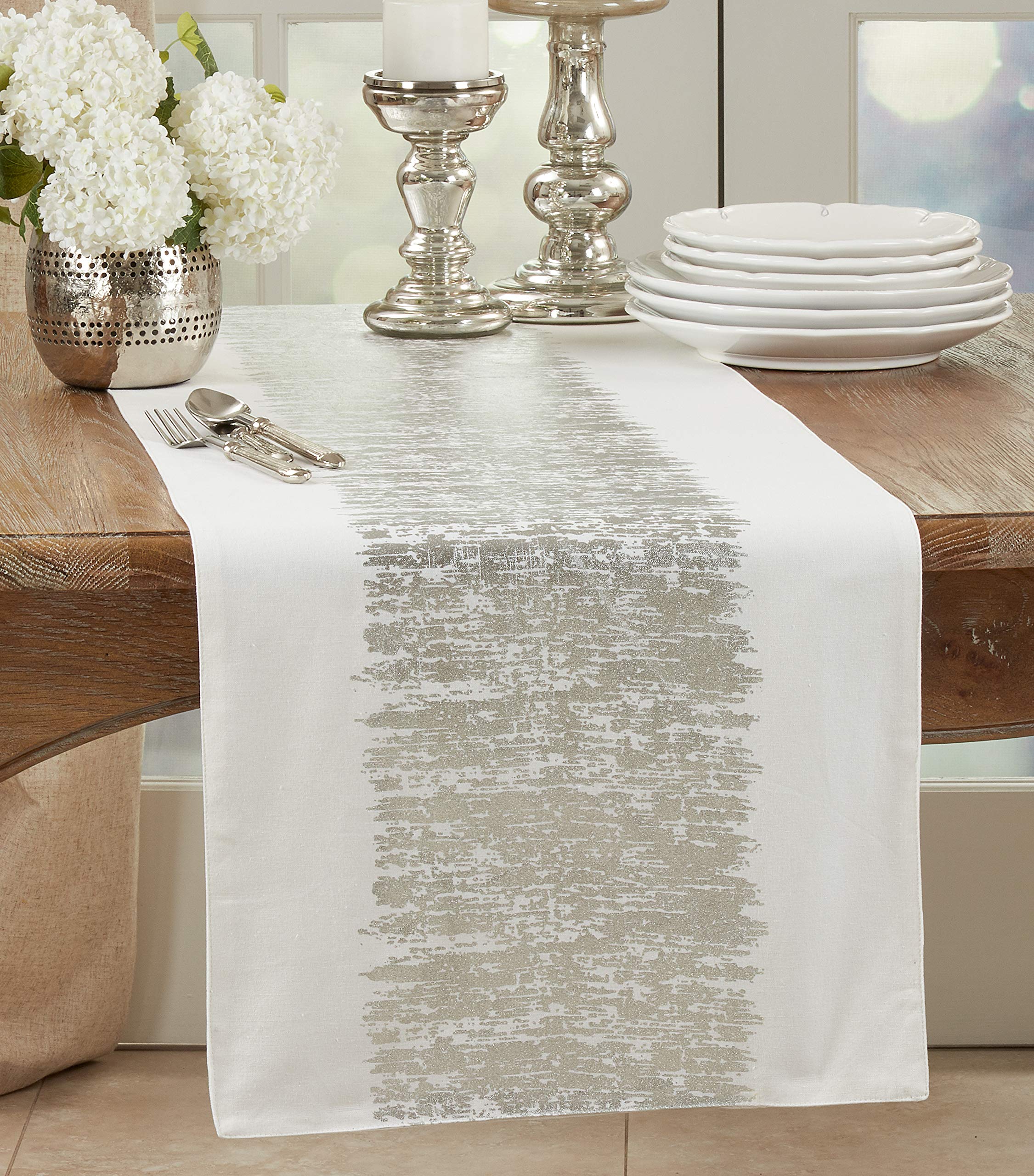SARO LIFESTYLE Agatha Collection Metallic Banded Design Cotton Table Runner, 16" x 120", Silver