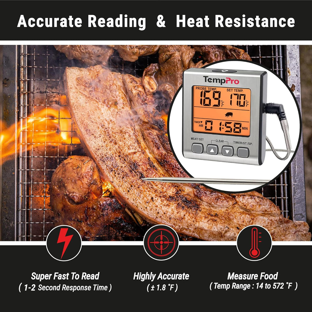 TempPro Digital Meat Thermometer - Accurate Cooking & Grilling Tool with Backlight & Timer | Perfect for Smoker, Oven & BBQ