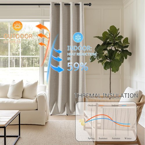 ChrisDowa Linen Blackout Curtains - 100% Thermal Insulated Room Darkening Drapes | 84" Length, Natural Linen, 52" W