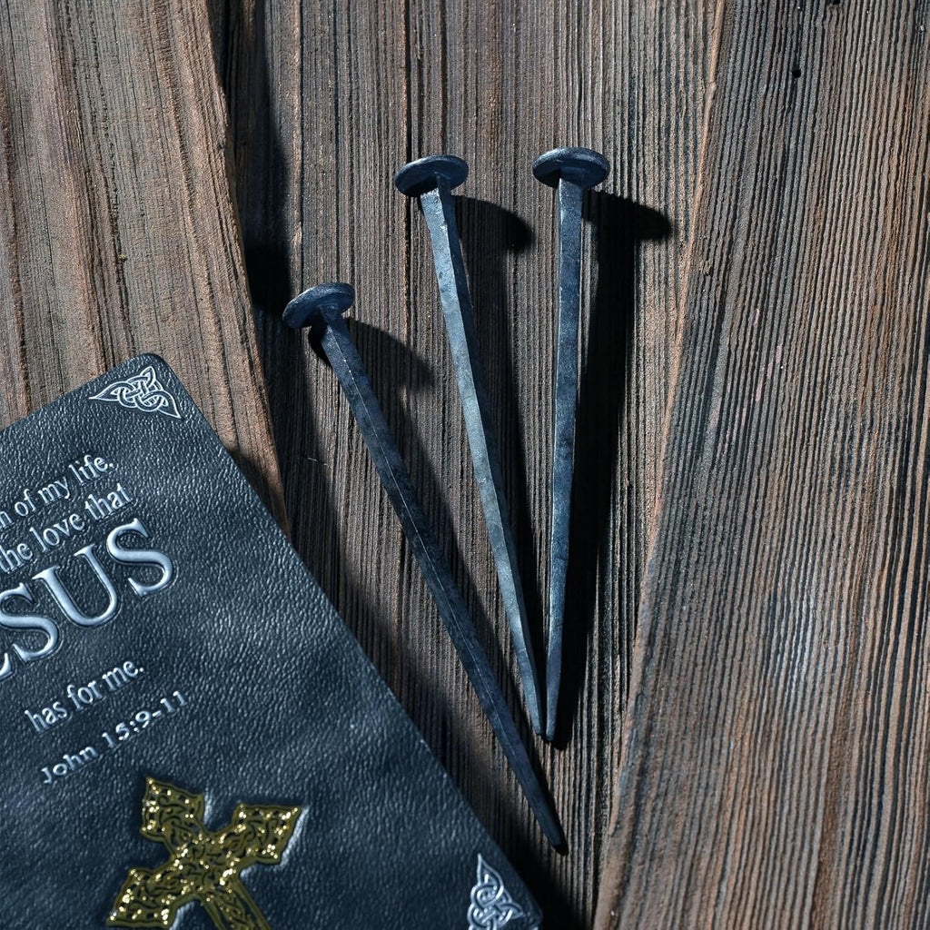 Skiennix Hand Forged Nails - Decorative Jesus Cross Wrought Iron | Natural Grey Finish (3 Pcs)