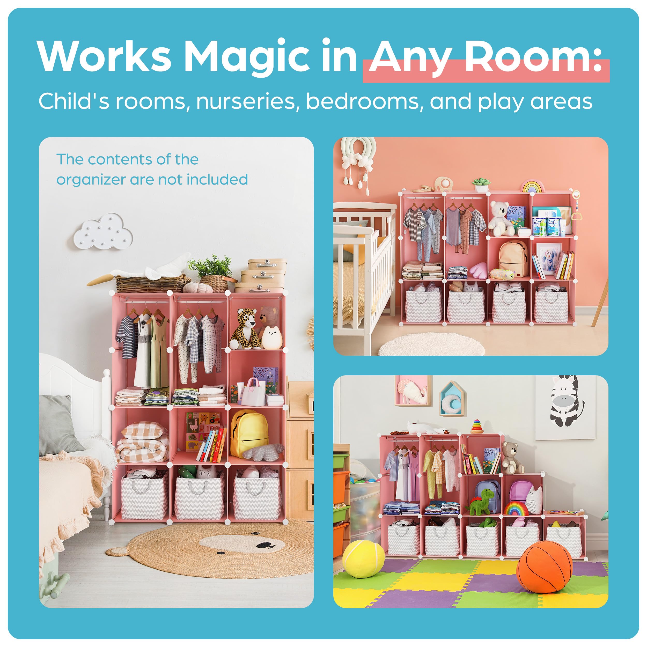 CUBEDIY Baby Closet Organizer for Nursery - Durable Baby Wardrobe Armoire for Closet - Customizable Dresser Shelves - Waterproof Shelf Clothes Organizer w/Wall Fixation (Pink)