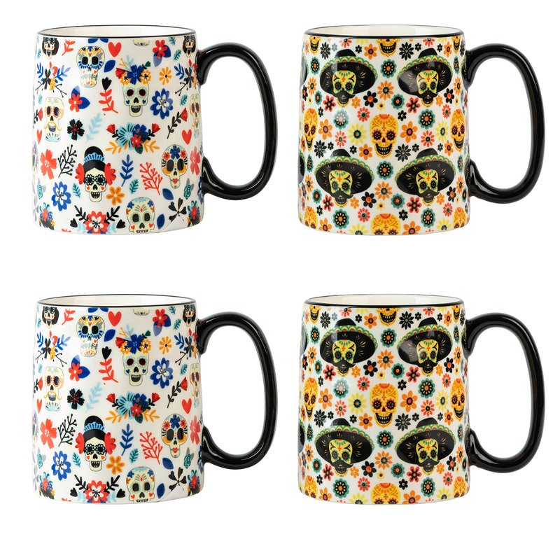 10 Strawberry Street Sugar Skull Day of the Dead Bella Mug, Assorted Set of 4
