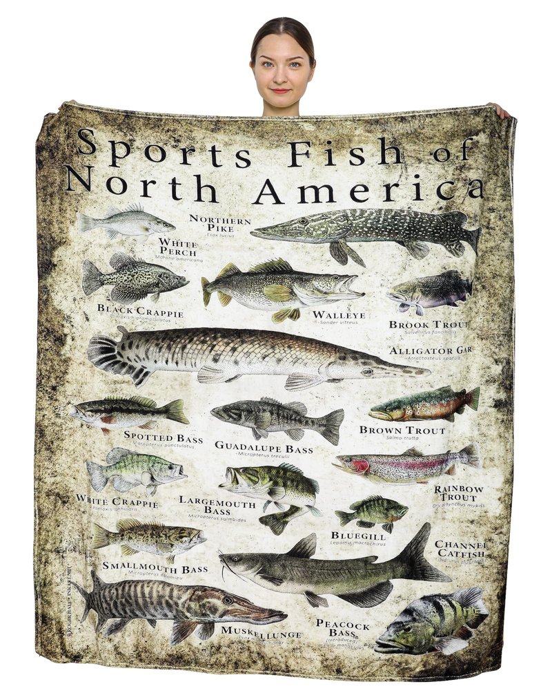 Zacruch Fishing Enthusiast Blanket – North America Sports Fish Design, Funny & Educational Knowledge Blanket, Ideal Bass Fishing Gift for Boys, Dads, Grandpas – Unique Outdoor Lover Present 50"x60"