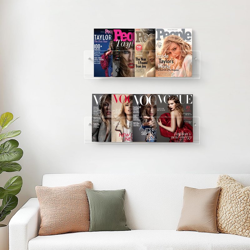 HBlife 24 Inch 2 Pack Clear Acrylic Magazine Holder, Wall Mounted Floating Bookshelf, Brochure Display Rack for Office, Living Room, Waiting Room, Nursery, Home Storage