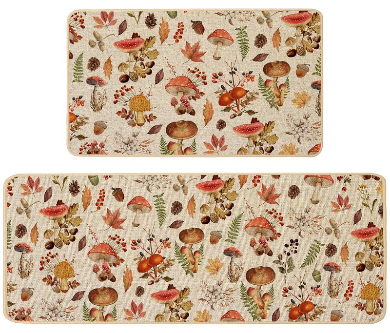 Baccessor Mushroom Fall Kitchen Mats Set of 2, Autumn Kitchen Rugs for Floor Low-Profile Farmhouse Fall Thanksgiving Home Decor 17x29 and 17x47 Inch
