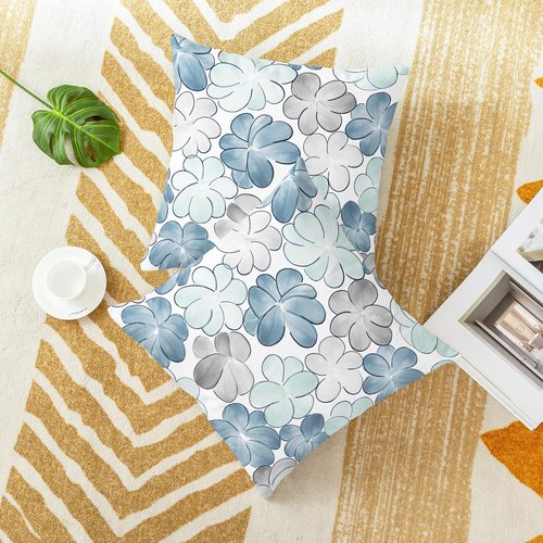 CaliTime Throw Pillow Covers Decorative 18 X 18 Inches Pack of 2 Cozy Fleece Blooming Flower Cushion Cases for Couch Bed Sofa Farmhouse Decoration Smoke Blue Grey