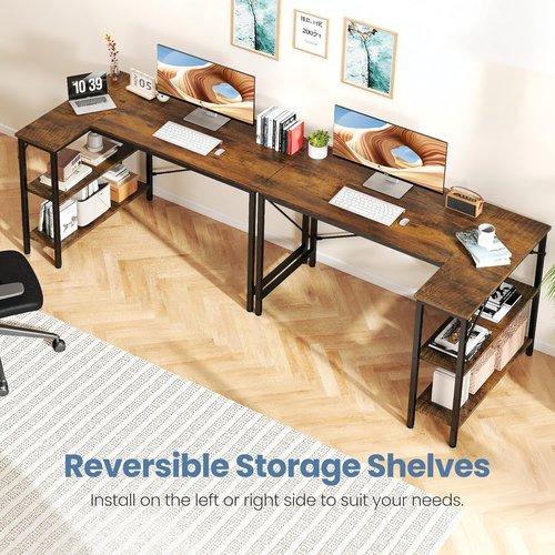 DUMOS L Shaped Desk - 47 Inch Corner Computer Desk with Reversible Storage Shelves | Rustic Brown